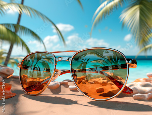 Sunglasses on the beach by the sea. Generative AI