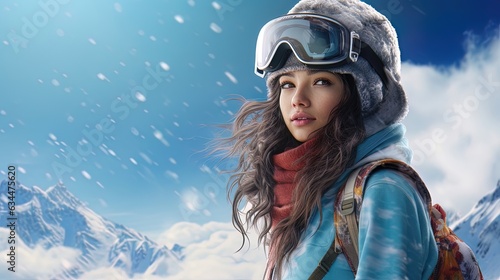 Beautiful girl in the mountains, snowboarder. AI generation