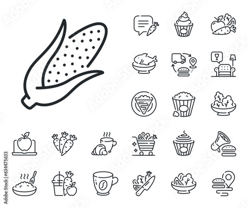Vegetable food sign. Crepe, sweet popcorn and salad outline icons. Corn line icon. Diet nutrition symbol. Corn line sign. Pasta spaghetti, fresh juice icon. Supply chain. Vector