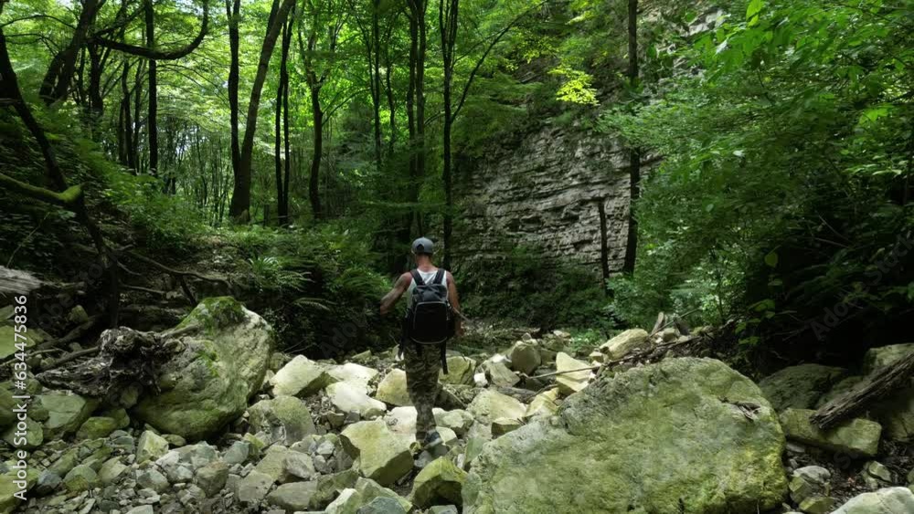 a male tourist with a backpack walks through the canyon alone in summer a male tourist with a backpack walks through the canyon alone in summer