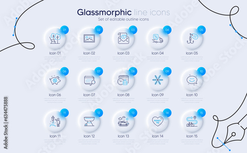 Set of Love letter, Snowflake and Puzzle time line icons for web app. Fireworks, Grill, Marry me icons. Deckchair, Photo, Fishing lure signs. Bike path, Delivery discount, Smile chat. Vector
