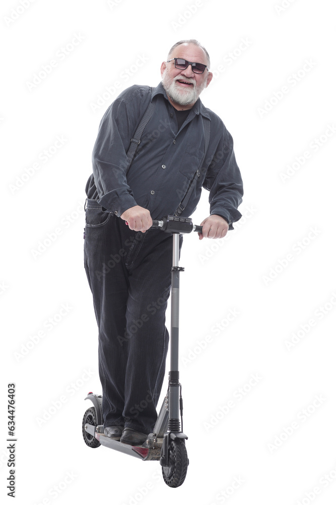 elderly man standing on electric scooter. isolated on a white elderly man standing on electric scooter. isolated on a white