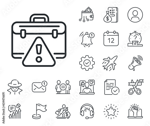 Attention triangle sign. Salaryman, gender equality and alert bell outline icons. Warning briefcase line icon. Caution diplomat symbol. Warning briefcase line sign. Vector