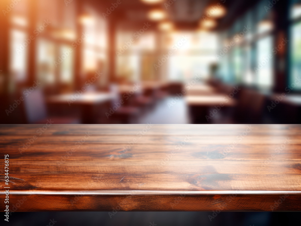 Empty wooden table and Coffee shop blur background with bokeh image. Generative AI