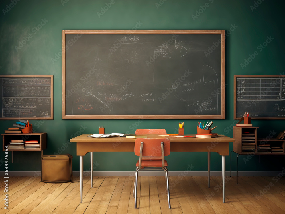 Interior of a classroom with blackboard and table. Generative AI Interior of a classroom with blackboard and table. Generative AI