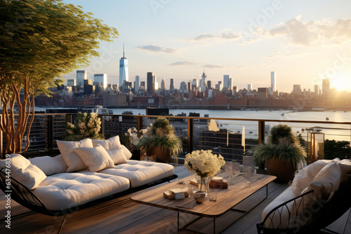 Penthouse Terrace With View in Manhattan at Sunset