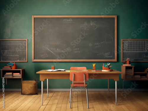 Interior of a classroom with blackboard and table. Generative AI