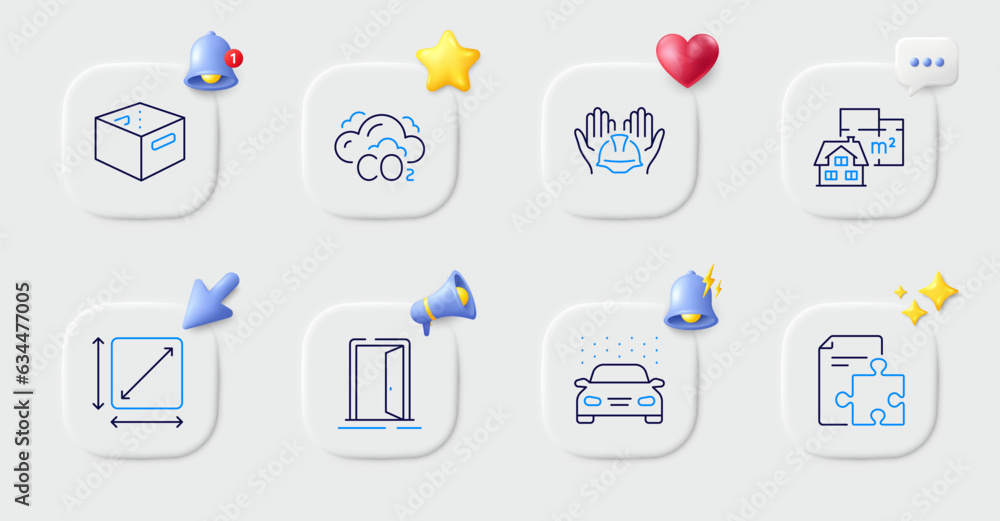 Square area, Open door and Office box line icons. Buttons with 3d bell, chat speech, cursor. Pack of Co2, Car wash, Floor plan icon. Builders union, Strategy pictogram. For web app, printing. Vector Square area, Open door and Office box line icons. Buttons with 3d bell, chat speech, cursor. Pack of Co2, Car wash, Floor plan icon. Builders union, Strategy pictogram. For web app, printing. Vector