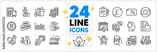 Icons set of Calculator target, Loyalty star and Calculator alarm line icons pack for app with Card, Stress, Wallet thin outline icon. Money tax, Money diagram, Coins pictogram. Vector