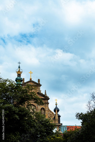 The towers of the monastery against the sky
