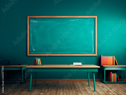 School classroom interior with empty chalkboard on green wall. Mock up. Generative AI