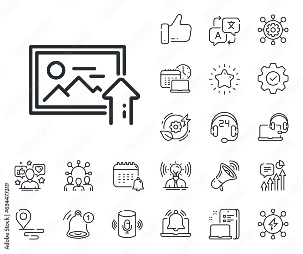 Image thumbnail sign. Place location, technology and smart speaker outline icons. Upload photo line icon. Picture placeholder symbol. Upload photo line sign. Influencer, brand ambassador icon. Vector Image thumbnail sign. Place location, technology and smart speaker outline icons. Upload photo line icon. Picture placeholder symbol. Upload photo line sign. Influencer, brand ambassador icon. Vector