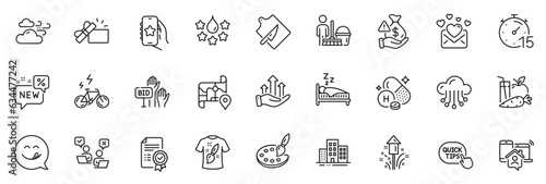 Icons pack as Favorite app, Timer and Cleaning line icons for app include Cutting board, Love mail, Palette outline thin icon web set. Buildings, Sleep, Work home pictogram. Certificate. Vector