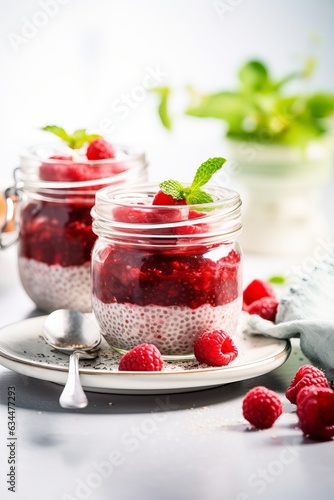 Breakfast idea - glass mason jars with chia seeds pudding, fresh raspberries, mint leaves and strawberry smoothie jam or marmalade in the natural daylight