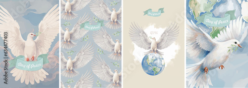 International Day of Peace. Vector illustration of dove of peace, planet earth, pattern and sky for anti war poster, vintage greeting card or background