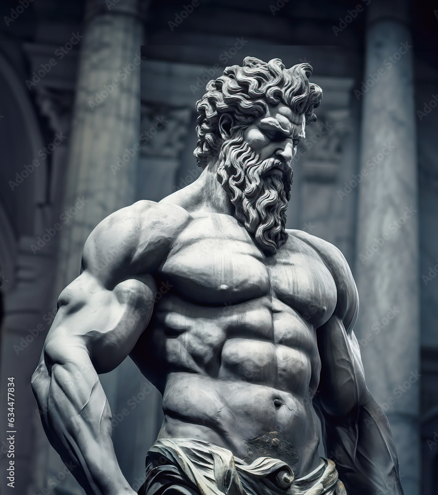 Handsome marble statue of powerful greek god Zeus The powerful king of the gods in ancient Greek religion looking to the right - obrazy, fototapety, plakaty 