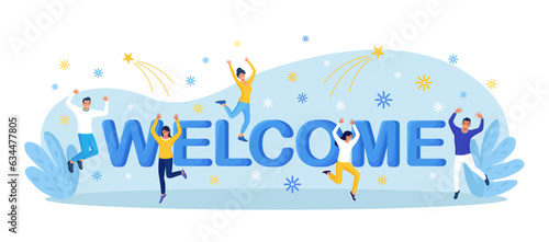 Welcome party concept. Happy multiethnic team standing together, waving and inviting newcomer, new customer, colleague. Men and women greet new team member. Friendly colleagues and partners