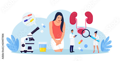 Woman holding her hands in the lower abdomen. Person with bladder disease. Cystitis, incontinence or urethra problems, pain during menstruation. Diagnosis, treatment of urethritis, urine analysis