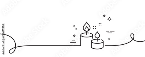 Aroma candles line icon. Continuous one line with curl. Spa candlelight sign. Aromatic wick for relaxation symbol. Aroma candle single outline ribbon. Loop curve pattern. Vector