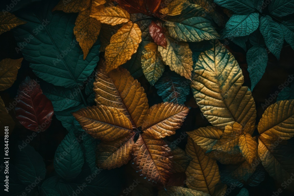 background of colored leaves of different plants. Generative AI background of colored leaves of different plants. Generative AI