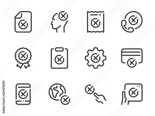 Cancellation and Rejection vector line icons. Cross, Delete, Remove, Cancel and Reject outline icon set. Receipt, Phone Call, Document, Payment, World, Mobile Phone and more.