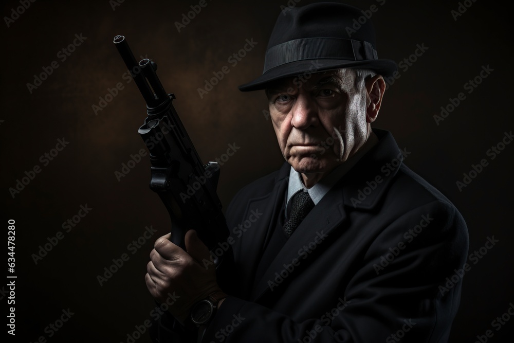 menacing man in a dark suit and cap