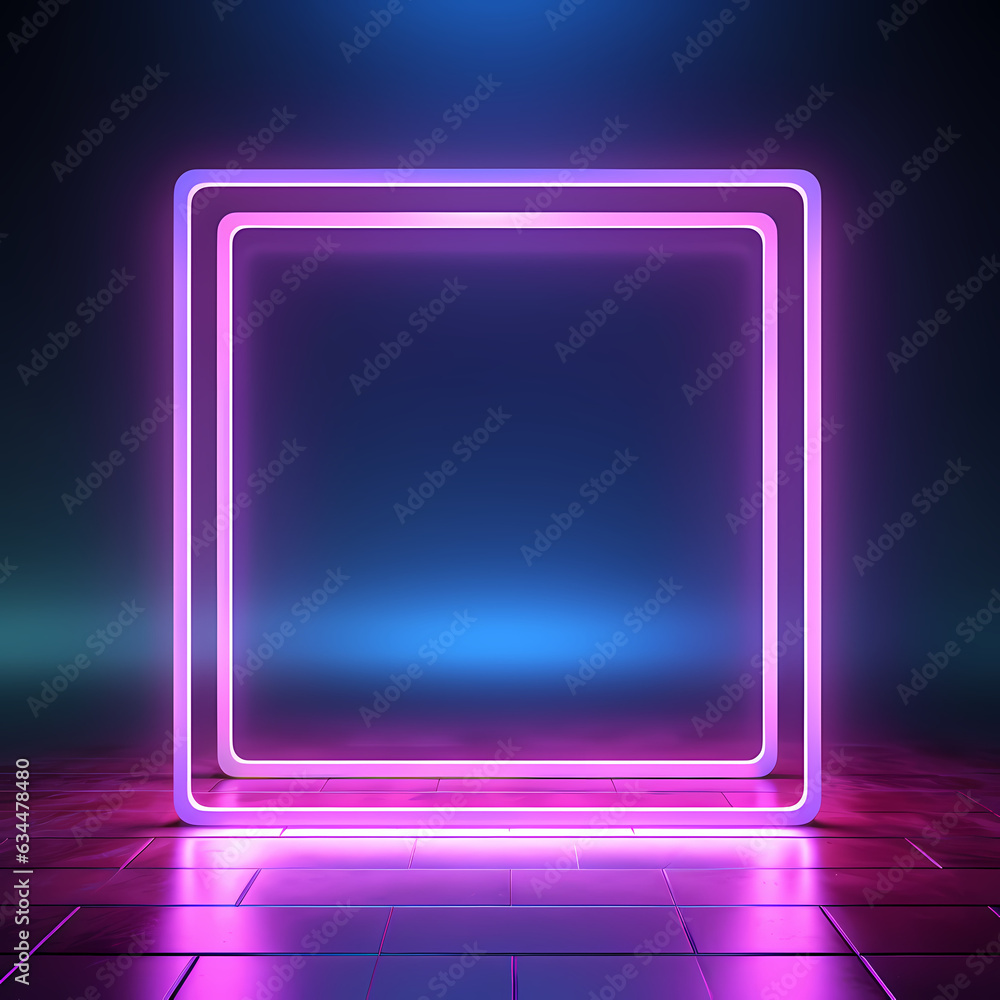 Modern frames, neon lights for presentation, for product advertising, dark backgrounds, clouds background, heaven - created with Generative AI technology 