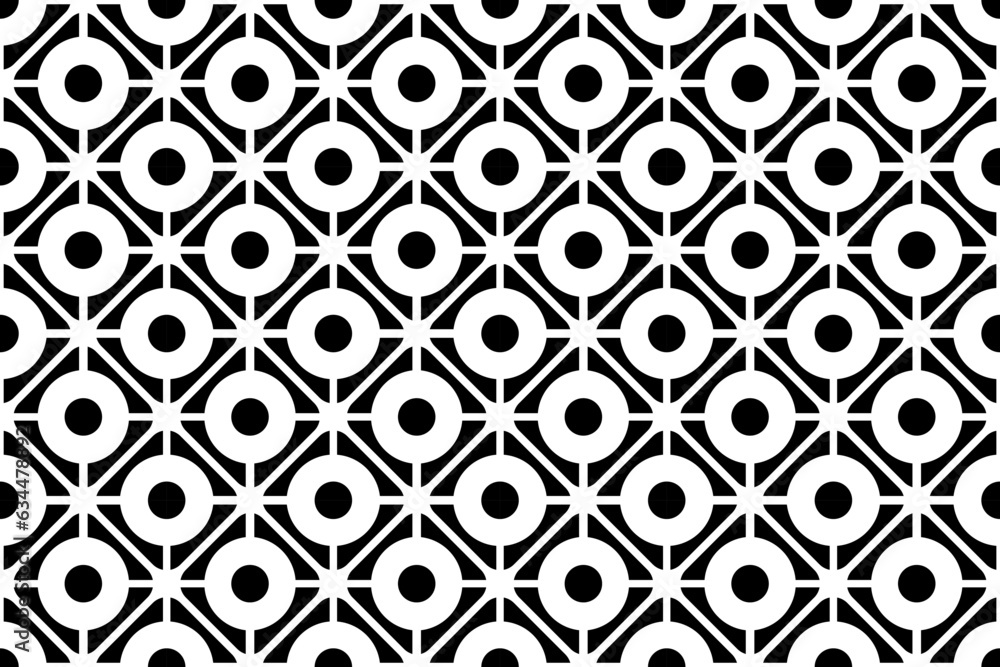 Seamless Diagonal Geometric Circles and Squares Black and White Pattern.