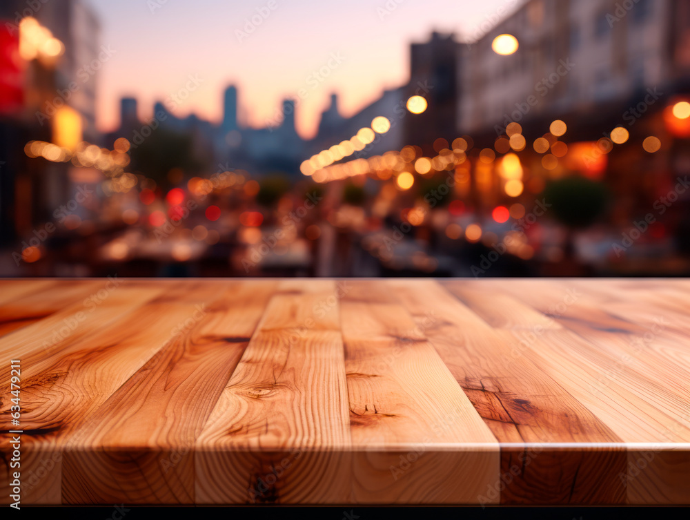 Empty wooden table and blurred city background, product display presentation, mock up. Generative AI