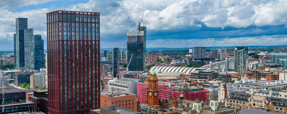 Aerial view of Manchester downtown and skyline development, photographed abbe oxford Road. 