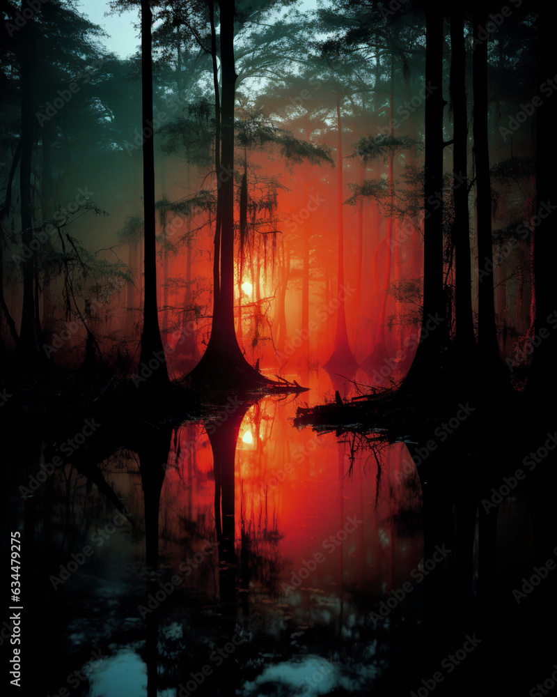 Fototapeta premium Enigmatic AI-generated illustration of Salem's Southern gothic mysterious glowing witch swamp. Luminous mysteries of deep Americana, 