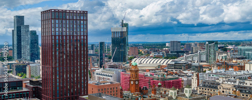 Aerial view of Manchester downtown and skyline development, photographed abbe oxford Road. 
