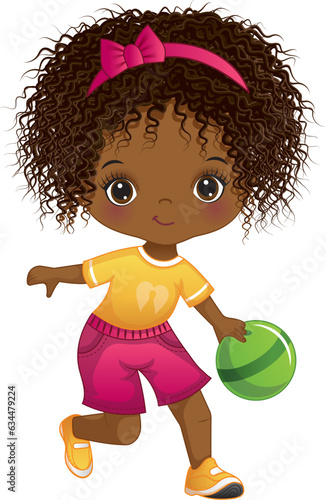 Vector Cartoon African American Girl Bowling