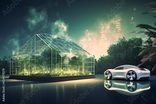 flat picture of Reduce CO2 emission carbon and reduction gas greenhouse concept in wireframe light low polygon style for environmental and green business based on renewable energy, with Electric Car