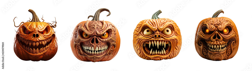 Set of Creepy Carved Pumpkin for Halloween on Transparent Background