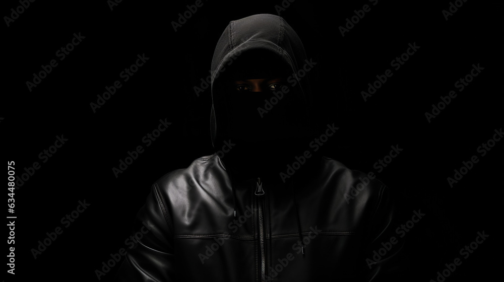 Ai-generated photo of a faceless black in a hoodie shot against a backdrop of darkness. The struggle against racial inequality, government violence to criminalise him, echoes the spirit of protests 