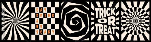 Retro black and white geometric poster set. Halloween abstract pattern collection for background, banner, greeting card. Trick or treat text vector illustration.