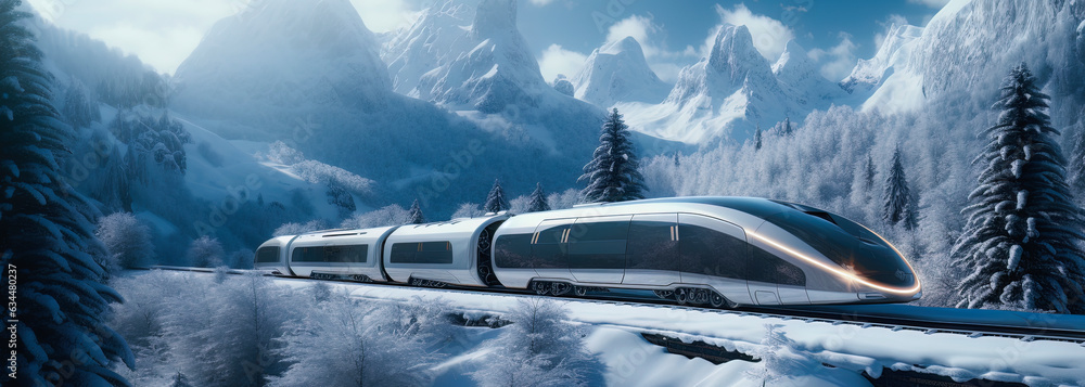 Futuristic modern train in winter snowy forest. Sunny day in the forest. generative ai - obrazy, fototapety, plakaty 