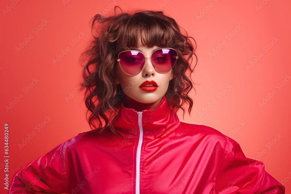 girl dressed in 80s style with glasses on a pink background girl dressed in 80s style with glasses on a pink background