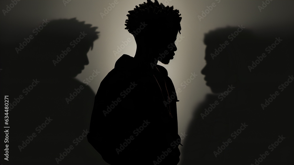 An AI-generated photo of a resolute black man, a successful rap beats producer, challenged with racial inequality, and social issues, being criminalised by the government, in a need for change. 