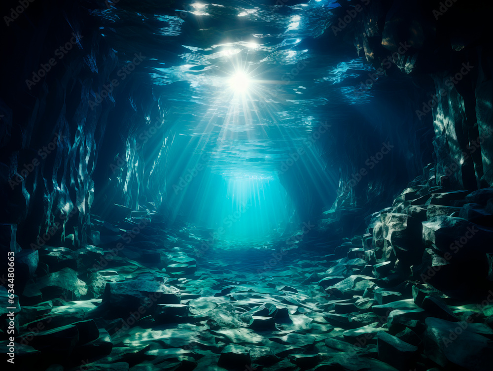 Underwater cave with light rays. Generative AI