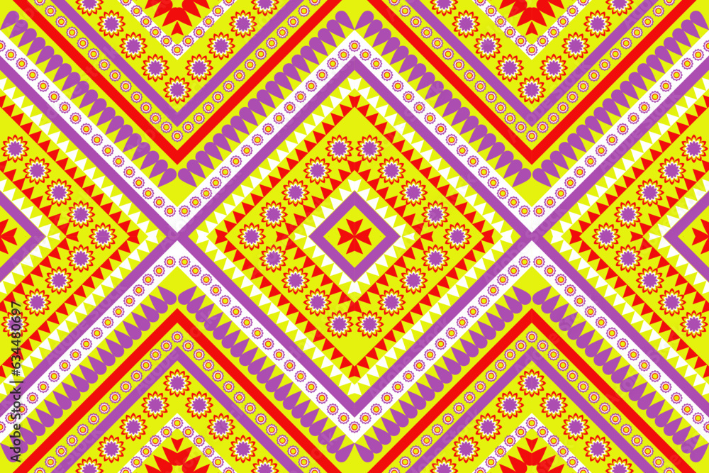 Seamless design pattern, traditional geometric zigzag circle pattern.red purple white yellow vector illustration design, abstract fabric pattern, aztec style for print textiles 
