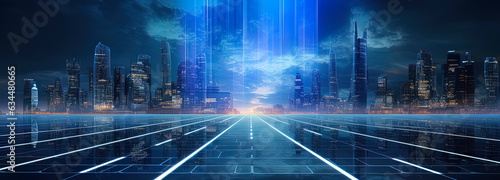 Night high-tech city. Panorama of a futuristic city. AI generation