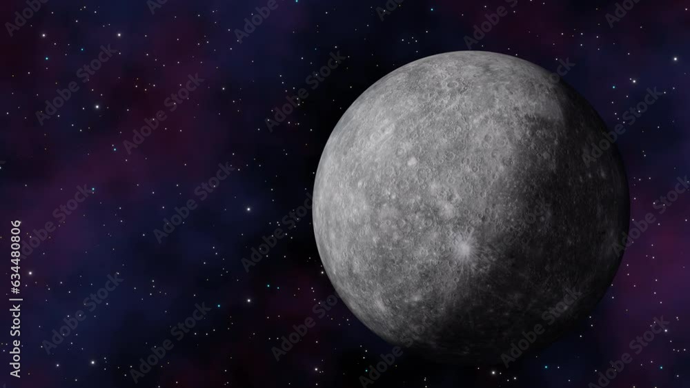 Planet Mercury view from outer space and twinkling stars in the Milky Way galaxy 3d render. Solar system planets concept, sci-fi, space exploration and discovery of habitable terrestrial planets Planet Mercury view from outer space and twinkling stars in the Milky Way galaxy 3d render. Solar system planets concept, sci-fi, space exploration and discovery of habitable terrestrial planets
