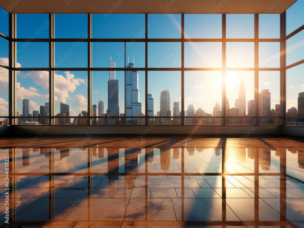 Fototapeta premium sunset in the window of a modern office building with glass walls. Generative AI