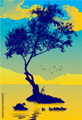 arbol, agua, pato, cisne, ganzo, atardecer, amanecer, calma, belleza, pajaros, parvada, vectores, vector, belleza
