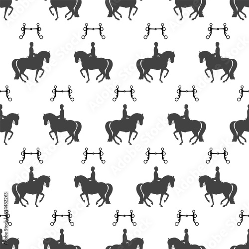 Classic dressage, silhouette of a rider on a horse, high school riding, seamless pattern