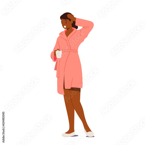 Astonished, Worried Woman In Robe Clutches Coffee Cup, Her Face Displaying Surprise And Concern Vector Illustration