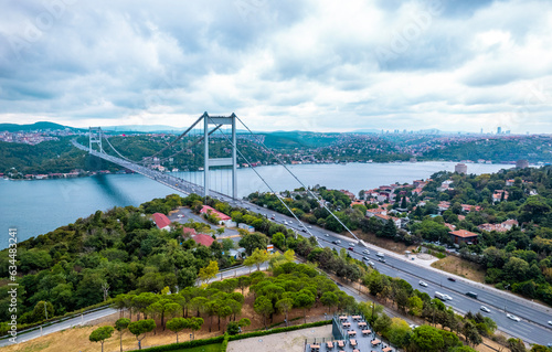 Aerial view of Fatih Sultan Mehmet Bridge in Istanbul, Turkey. Beautiful view of Istanbul Bosphorus. Drone shot. photo