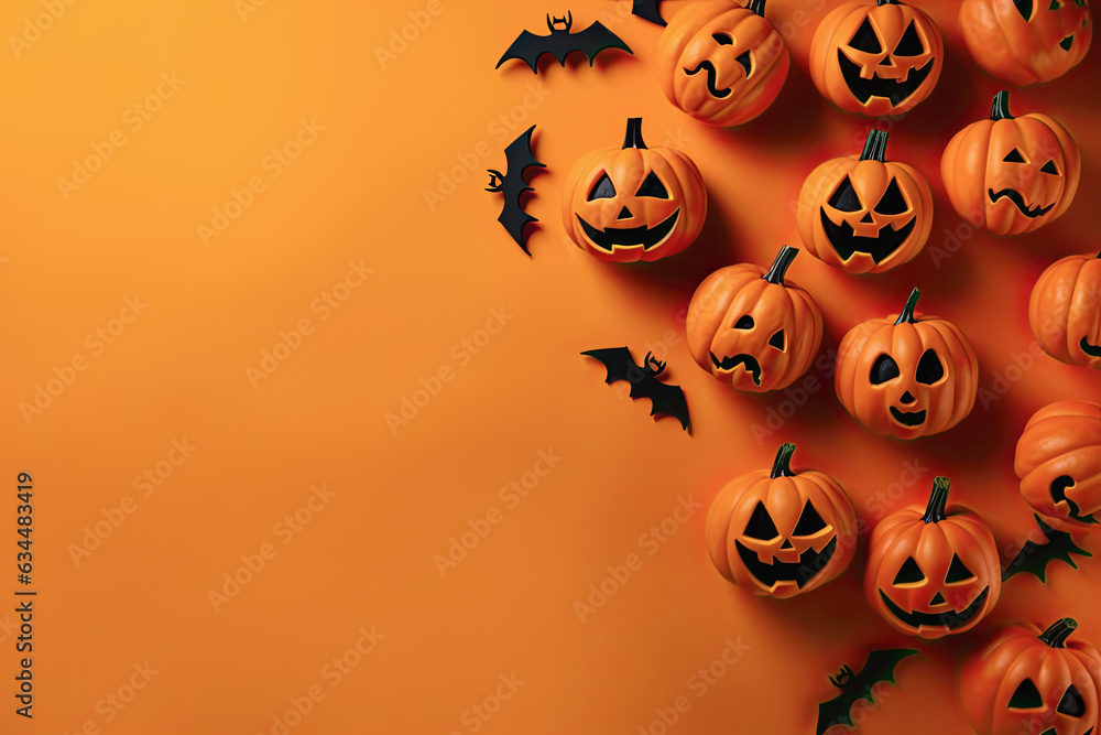 Fondo naranja con calabazas y murcielagos. concepto de halloween. Ilustracion de ia generativa